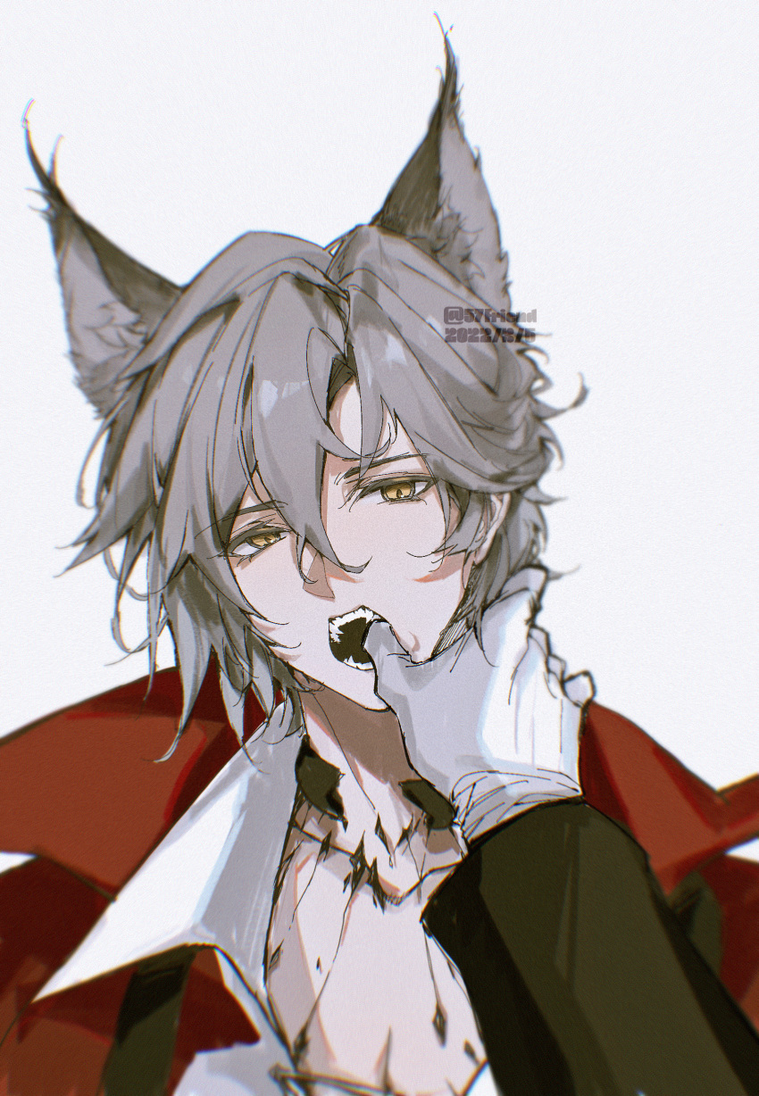 1boy 1other 57friend animal_ears arknights bangs cape cat_boy cat_ears dated doctor_(arknights) english_commentary fangs finger_in_another's_mouth gloves grey_background grey_hair hair_between_eyes highres long_sleeves male_focus open_mouth orange_eyes oripathy_lesion_(arknights) phantom_(arknights) phantom_(focus)_(arknights) simple_background twitter_username upper_body white_gloves