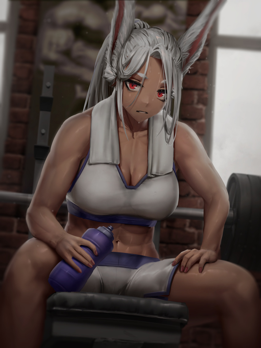 1girl abs absurdres alternate_hairstyle animal_ears bangs barbell bench_press boku_no_hero_academia bottle breasts cleavage dark-skinned_female dark_skin gym hair_over_one_eye hand_on_own_thigh highres holding holding_bottle hunched_over indoors large_breasts long_hair looking_at_viewer midriff mirko muscular muscular_female navel numanoan ponytail purple_trim rabbit_ears rabbit_girl red_eyes red_nails resting shorts sidelocks sitting solo sports_bra sweat thick_thighs thighs toned towel towel_around_neck water_bottle weights white_hair white_shorts white_sports_bra