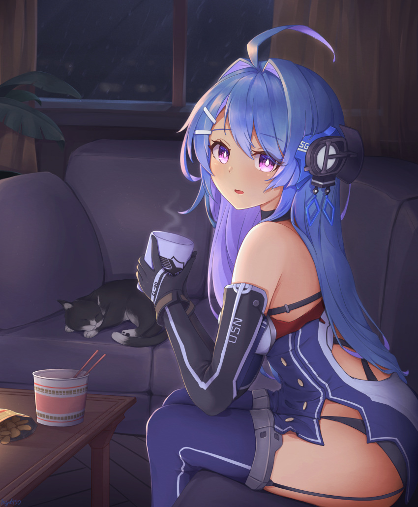 1girl :d absurdres azur_lane bare_shoulders black_choker black_gloves black_panties blue_hair blue_legwear blush boots breasts cat choker couch cup cup_ramen dress eagle_union_(emblem) elbow_gloves english_commentary from_side garter_straps gloves gradient_hair hair_ornament hairclip hands_up headgear helena_(azur_lane) highres holding holding_cup indoors kyl490 leaning_forward long_hair looking_at_viewer looking_to_the_side medium_breasts mug multicolored_hair night on_couch panties purple_eyes purple_hair retrofit_(azur_lane) short_dress sleeping_animal sleeveless sleeveless_dress smile solo taut_clothes taut_dress thigh_boots thighhighs thighs underwear very_long_hair