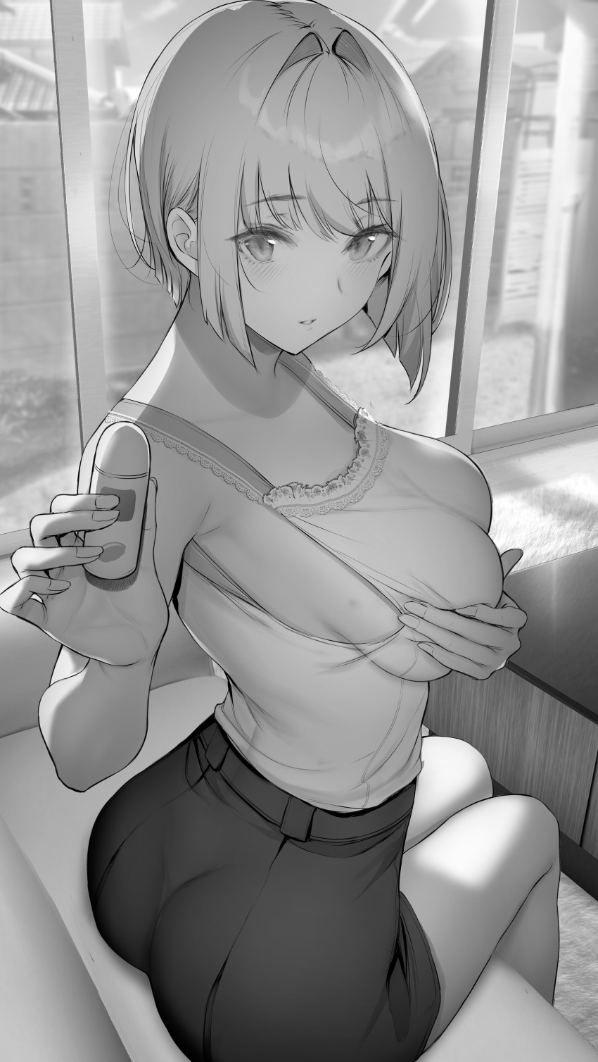 1girl absurdres ass bangs bare_shoulders blush breasts commentary_request eyebrows_visible_through_hair from_behind gentsuki greyscale hair_intakes highres large_breasts looking_at_viewer looking_back monochrome original parted_lips shirt_tucked_in short_hair sitting skirt sleeveless solo