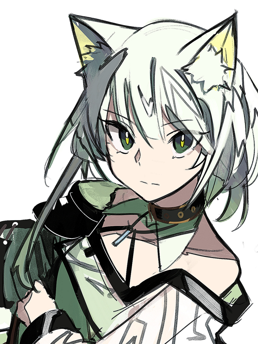 1girl animal_ear_fluff animal_ears arknights bangs bare_shoulders closed_mouth collarbone dress eyebrows_visible_through_hair green_dress green_eyes grey_hair hair_between_eyes highres jacket kal'tsit_(arknights) long_sleeves looking_at_viewer off-shoulder_jacket off_shoulder simple_background solo tetuw upper_body white_background white_jacket