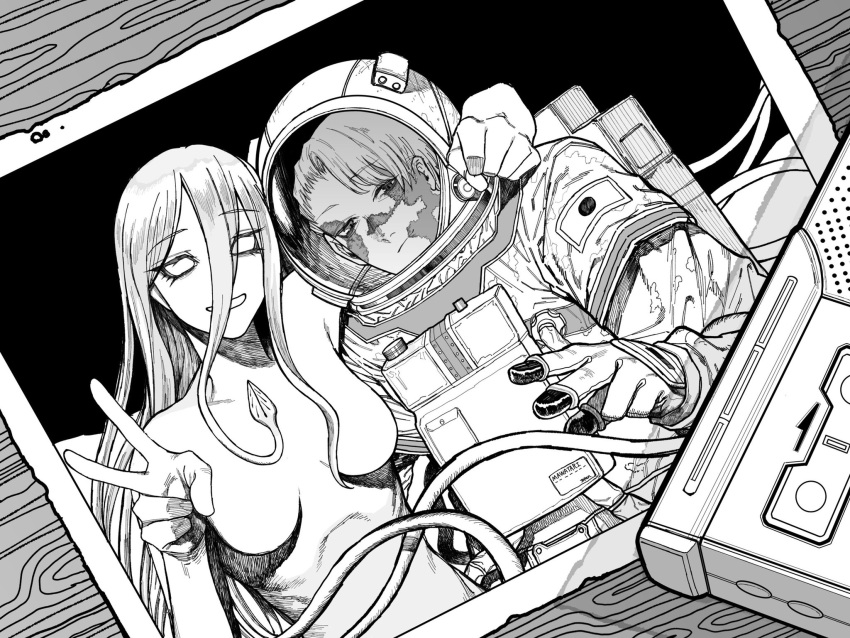 1boy 1girl alien arm_around_shoulder astronaut burn_scar cable character_name closed_mouth commentary_request crack eyebrows_visible_through_hair eyelashes eyes_visible_through_hair greyscale hair_between_eyes hatching_(texture) highres japanese_flag light_smile long_eyelashes long_hair monochrome no_pupils noririn4696 open_mouth original photo_(object) scar smile space space_helmet tape_recorder tentacle_hair v w