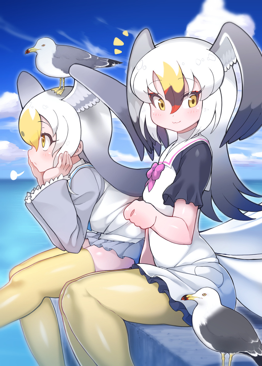 2girls :3 =3 bird bird_girl bird_tail bird_wings black-tailed_gull_(kemono_friends) blue_sky bow bowtie closed_mouth cloud commentary common_gull_(kemono_friends) creature_and_personification day dress frilled_dress frills head_wings highres horizon kemono_friends leaning_forward looking_at_viewer multicolored_hair multiple_girls ocean outdoors pantyhose pier purple_bow purple_bowtie seagull sigh sky smile tail tanaka_kusao thighhighs water white_hair wings yellow_eyes yellow_legwear zettai_ryouiki