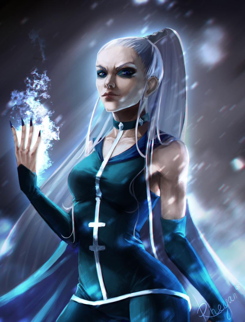 1girl absurdres artist_name blue_eyes cryokinesis fingernails highres icy_(winx_club) long_hair looking_at_viewer magic nail_polish ponytail rhe_yan sleeveless solo upper_body white_hair winx_club witch
