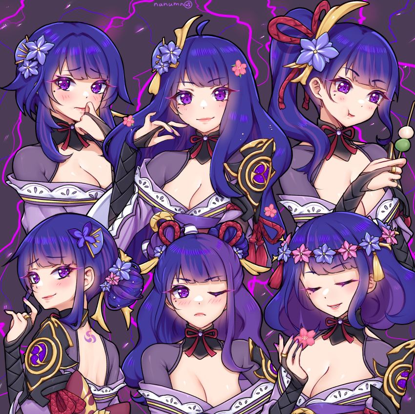 1girl absurdres alternate_hairstyle armor blush braid braided_ponytail breasts bridal_gauntlets choker cleavage closed_eyes closed_mouth dango eating electricity expressions eyebrows_visible_through_hair fingernails flower food from_side genshin_impact hair_down hair_flower hair_ornament hair_up hand_to_own_mouth highres holding holding_flower holding_food japanese_clothes kimono lace-trimmed_kimono lace_trim large_breasts long_hair looking_at_viewer looking_back looking_to_the_side mitsudomoe_(shape) mole mole_under_eye nanumn neck_tattoo obi obiage obijime off_shoulder one_eye_closed open_mouth pink_lips ponytail portrait purple_background purple_eyes purple_hair purple_kimono purple_nails raiden_shogun red_ribbon ribbon ribbon_choker sanshoku_dango sash shoulder_armor shoulder_blades shrug_(clothing) simple_background skewer smile solo tattoo tomoe_(symbol) twitter_username very_long_hair wagashi