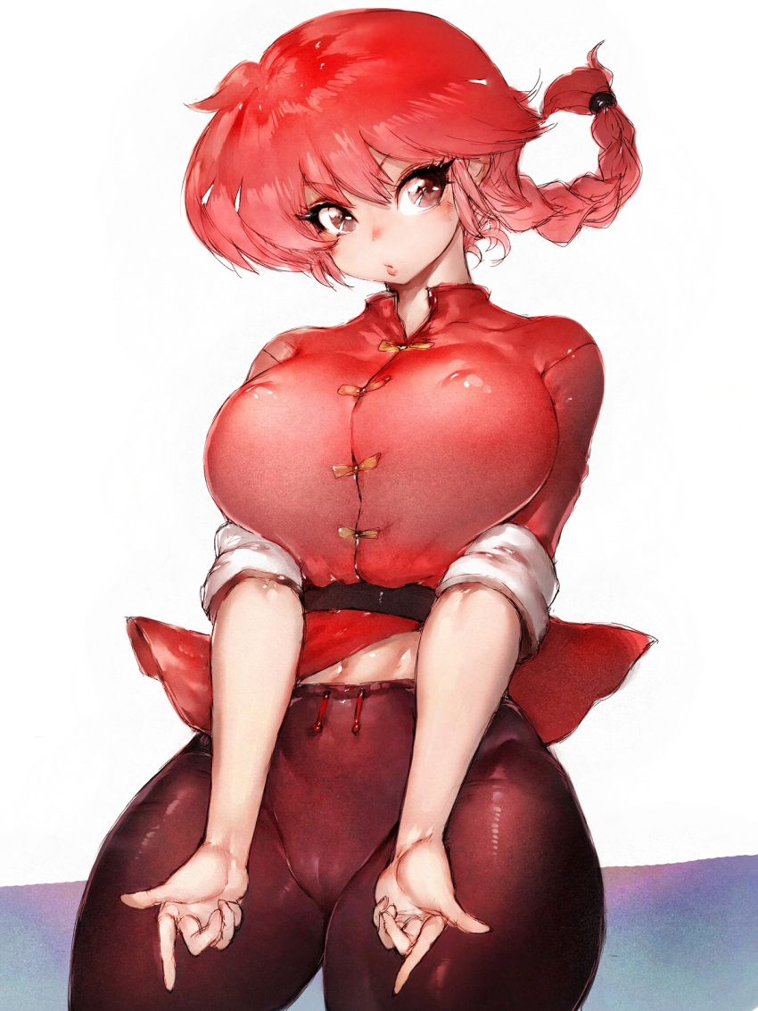 1girl abs bangs black_eyes black_pants braid braided_ponytail breast_press breasts cameltoe chinese_clothes curvy eyebrows_visible_through_hair fumio_(rsqkr) hair_between_eyes highres large_breasts looking_at_viewer navel pants ranma-chan ranma_1/2 red_hair red_shirt saotome_ranma shirt short_sleeves sitting sleeves_rolled_up solo tangzhuang thick_thighs thighs wristband