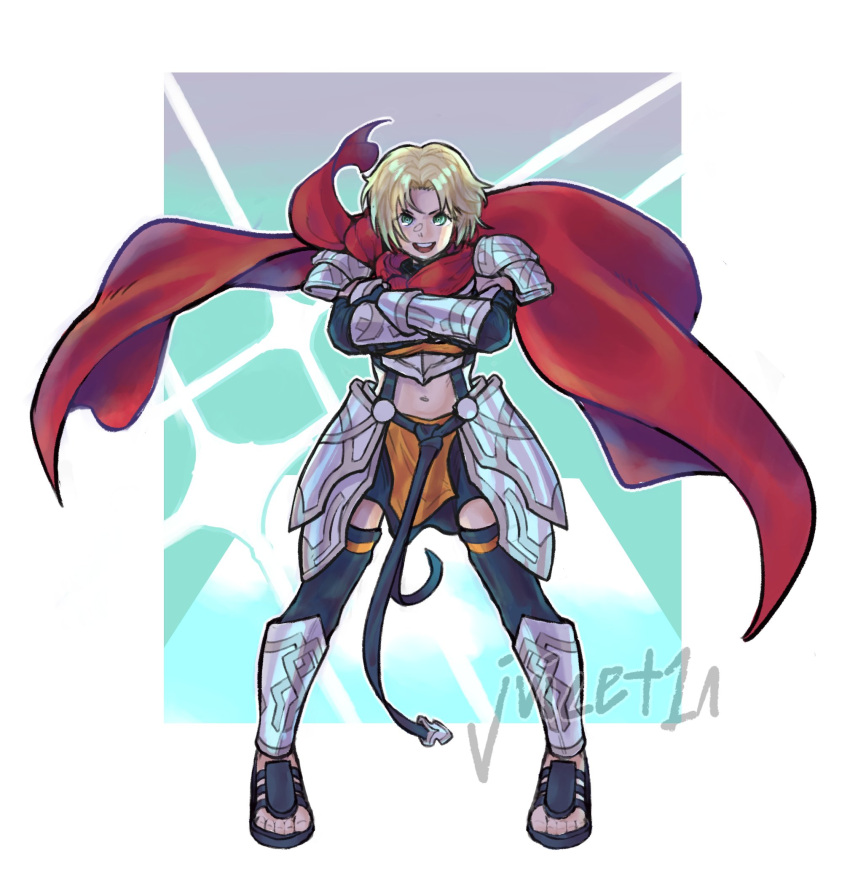 1girl amelia_(fire_emblem) armor artist_name black_footwear black_legwear black_skirt black_sleeves blonde_hair cape crossed_arms fire_emblem fire_emblem:_the_sacred_stones fire_emblem_heroes gauntlets greaves green_eyes highres juicet1n looking_at_viewer official_alternate_costume open_mouth red_cape round_teeth sandals shin_guards short_hair shoulder_armor skirt smile solo standing teeth thighhighs toeless_footwear toes