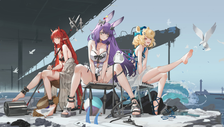 3girls :d absurdres animal_ears ankle_cuffs arknights bangs bare_arms bare_shoulders barefoot bear_ears bikini bird black_bikini black_bow blonde_hair bow braid breasts dress eyebrows_visible_through_hair feet fish grey_eyes grey_jacket gummy_(arknights) gummy_(summer_flowers)_(arknights) hair_bow hat hat_removed headwear_removed highres holding holding_polearm holding_weapon horns infection_monitor_(arknights) jacket long_hair lwj multiple_girls off_shoulder official_alternate_costume open_mouth parted_lips polearm purple_hair rabbit_ears red_eyes red_hair rope_(arknights) rope_(summer_flowers)_(arknights) sandals sitting small_breasts smile soles spear sun_hat swimsuit toes twin_braids very_long_hair vigna_(arknights) vigna_(casual_vacation)_(arknights) weapon white_bikini white_dress
