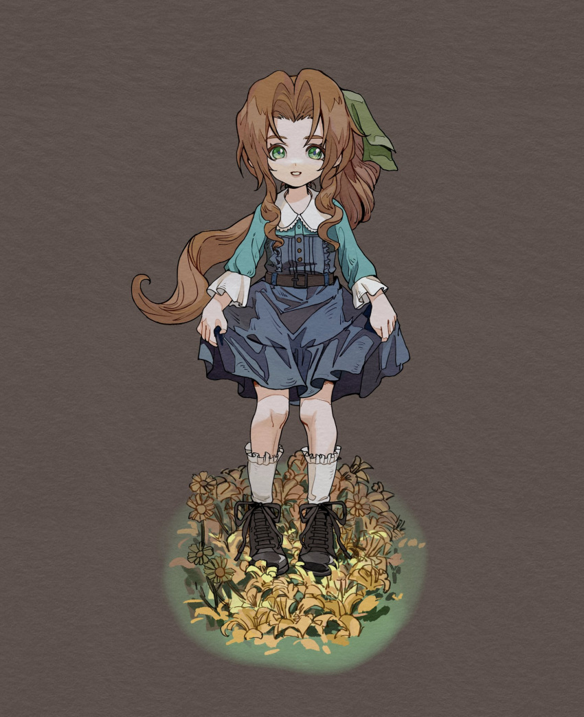 aerith_gainsborough aqua_shirt bangs belt blue_dress brown_hair buttons child clothes_lift dress dress_lift female_child final_fantasy final_fantasy_vii final_fantasy_vii_remake flower frilled_legwear frilled_sleeves frills full_body green_eyes grey_background hair_ribbon highres long_hair namelessdm open_mouth parted_bangs ponytail ribbon shirt sidelocks sleeves_past_elbows smile standing wavy_hair yellow_flower younger