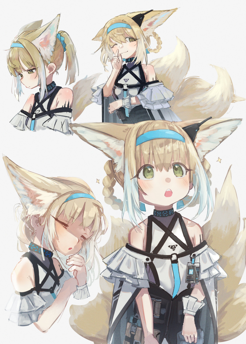 1girl ;) absurdres alternate_hairstyle animal_ears arknights bare_shoulders blonde_hair blue_hairband blush braid clothing_cutout dress earpiece extra_ears fox_ears fox_girl fox_tail green_eyes hairband highres id_card infection_monitor_(arknights) kilabo kitsune long_hair looking_at_viewer looking_up multicolored_hair multiple_tails multiple_views one_eye_closed open_mouth oripathy_lesion_(arknights) ponytail shoulder_cutout sidelocks simple_background smile sparkle streaked_hair suzuran_(arknights) tail teeth upper_teeth white_background white_dress white_hair white_wrist_cuffs