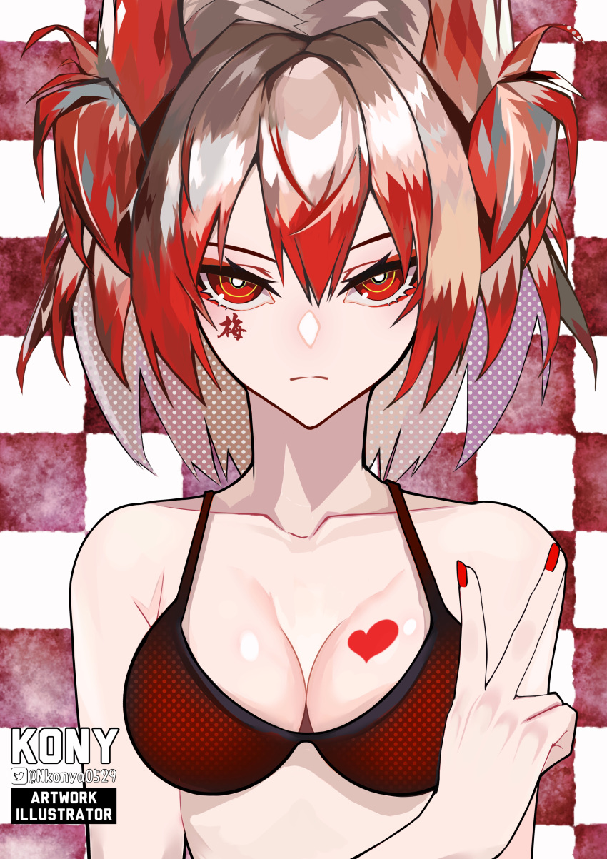 1girl absurdres arknights artist_name bare_shoulders bikini breasts checkered_background cleavage closed_mouth collarbone facepaint feather_hair fiammetta_(arknights) fingernails grey_hair heart highres long_fingernails looking_at_viewer medium_breasts multicolored_hair nail_polish nkonya red_background red_bikini red_eyes red_hair red_nails short_hair solo swimsuit two-tone_background two-tone_hair upper_body v white_background