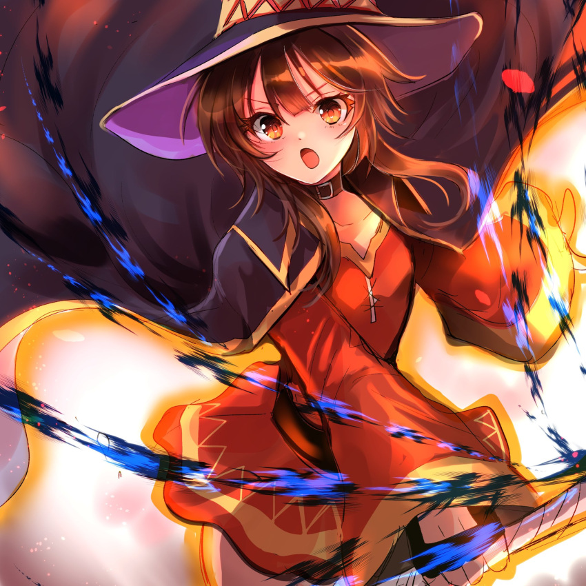 1girl :o any813 bangs belt black_belt black_cape black_choker blush brown_eyes brown_hair cape choker collarbone commentary dress explosion fingerless_gloves gloves hair_between_eyes hat highres holding holding_staff kono_subarashii_sekai_ni_shukufuku_wo! light_trail looking_at_viewer megumin motion_blur open_mouth purple_headwear red_dress short_hair short_hair_with_long_locks shouting solo staff v-shaped_eyebrows witch_hat