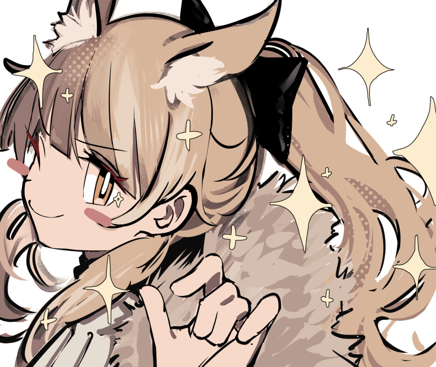 1girl ;) animal_ear_fluff animal_ears arknights bangs blemishine_(arknights) blush_stickers brown_eyes brown_hair closed_mouth eyebrows_visible_through_hair fur_trim hand_up highres long_hair looking_at_viewer one_eye_closed ponytail simple_background smile solo sparkle tetuw upper_body v-shaped_eyebrows white_background