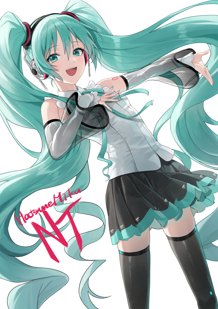 1girl :d absurdres aqua_eyes aqua_hair aqua_nails aqua_ribbon bangs bare_shoulders black_skirt blush character_name collared_shirt commentary coppepan detached_sleeves frilled_sleeves frills hair_ornament hand_on_own_chest hatsune_miku hatsune_miku_(nt) headphones highres layered_sleeves long_hair long_sleeves looking_at_viewer miniskirt nail_polish neck_ribbon open_mouth outstretched_arm piapro pleated_skirt ribbon see-through see-through_sleeves shirt shoulder_tattoo skirt sleeveless sleeveless_shirt smile solo tattoo thighhighs twintails very_long_hair vocaloid white_shirt white_sleeves