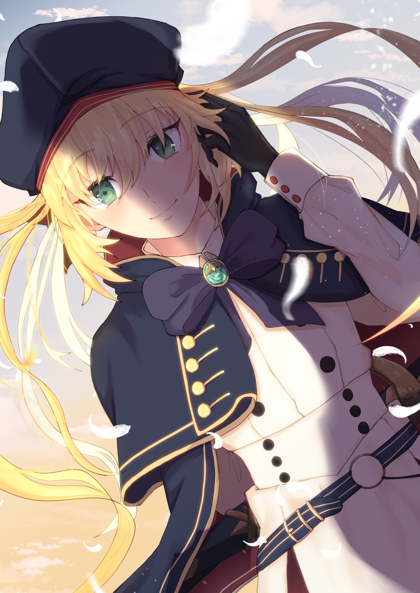 1girl absurdres artoria_caster_(fate) artoria_caster_(second_ascension)_(fate) artoria_pendragon_(fate) bangs belt beret black_gloves blonde_hair blue_belt blush bow buttons closed_mouth cloud cloudy_sky collar collared_shirt eyebrows_visible_through_hair fate/grand_order fate_(series) flower gem gloves gold gold_trim green_eyes green_gemstone hair_between_eyes hand_on_own_head hat highres long_hair long_sleeves looking_at_viewer multiple_tails petals purple_bow shadow shirt simple_background skirt sky smile solo sun tail two_tails user_cexd2275 white_shirt white_skirt