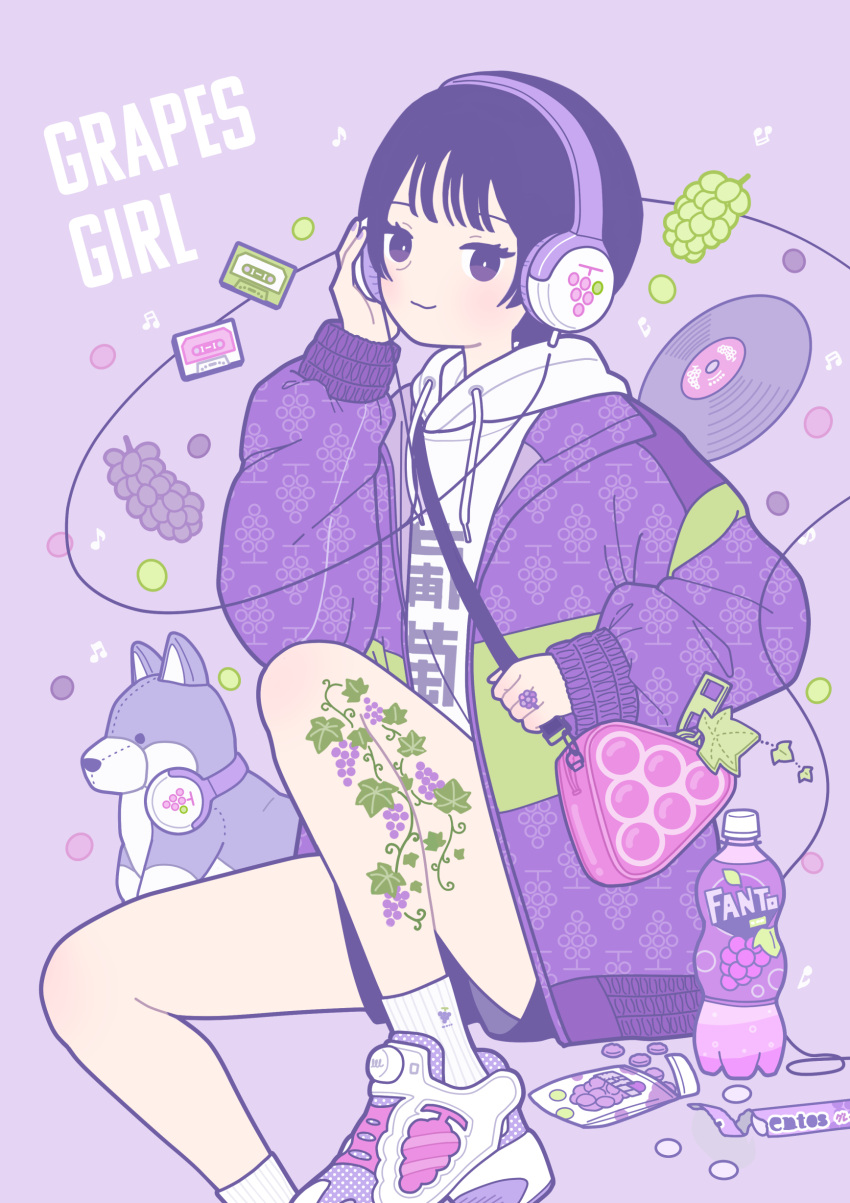 1girl :3 absurdres bag bag_charm bangs blush bottle cable candy cassette_tape charm_(object) clothes_writing cup disposable_cup english_text fanta food food-themed_clothes fruit grape_print grapes hand_on_headphones headphones highres holding_strap hood hoodie husky jacket jewelry knee_up layered_clothes leg_tattoo long_sleeves looking_at_viewer mentos musical_note nail_polish original personification purple_eyes purple_hair record ring shoes short_hair shoulder_bag sitting sneakers socks soda soda_bottle solo stuffed_animal stuffed_dog stuffed_toy tattoo translation_request wrapper yoshimon zipper_pull_tab