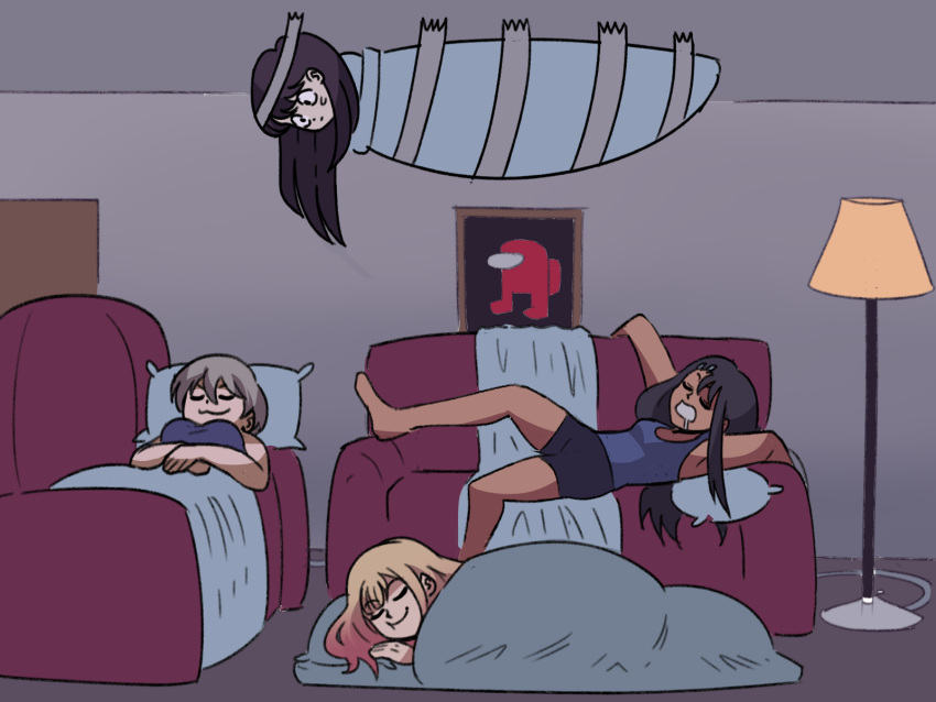 4girls among_us ceiling couch crewmate_(among_us) futon highres ijiranaide_nagatoro-san kitagawa_marin komi-san_wa_komyushou_desu komi_shouko lamp long_hair looking_down lying messy_sleeper multiple_girls nagatoro_hayase on_back on_ceiling on_stomach pajamas pillow portrait short_shorts shorts sleeping sleeping_bag sleepover sleepwear sono_bisque_doll_wa_koi_wo_suru tape tina_fate uzaki-chan_wa_asobitai! uzaki_hana very_long_hair