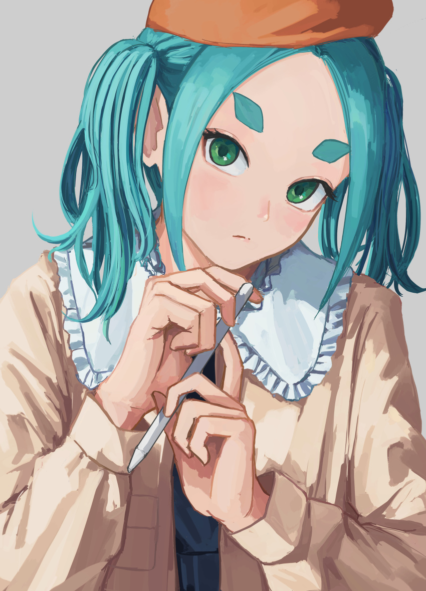 1girl absurdres blue_hair brown_shirt closed_mouth commentary_request green_eyes grey_background hands_up highres holding holding_pencil long_hair long_sleeves monogatari_(series) nemo_ringo ononoki_yotsugi orange_headwear pencil shirt simple_background solo twintails upper_body