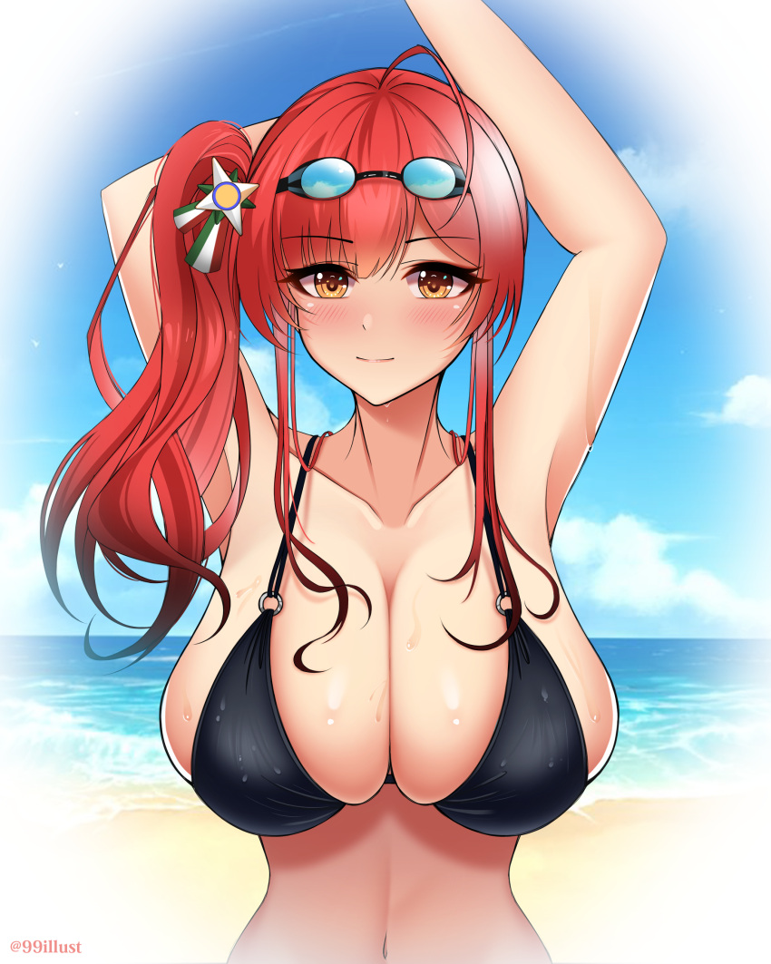 1girl 99illust absurdres arm_behind_head arms_up artist_name asymmetrical_hair azur_lane beach bikini black_bikini breasts eyebrows_visible_through_hair goggles goggles_on_head highres huge_breasts italian_flag light_blush long_hair looking_at_viewer multi-strapped_bikini o-ring o-ring_bikini ocean official_alternate_costume red_hair sand side_ponytail solo sweat swimsuit upper_body vignetting water yellow_eyes zara_(azur_lane) zara_(poolside_coincidence)_(azur_lane)