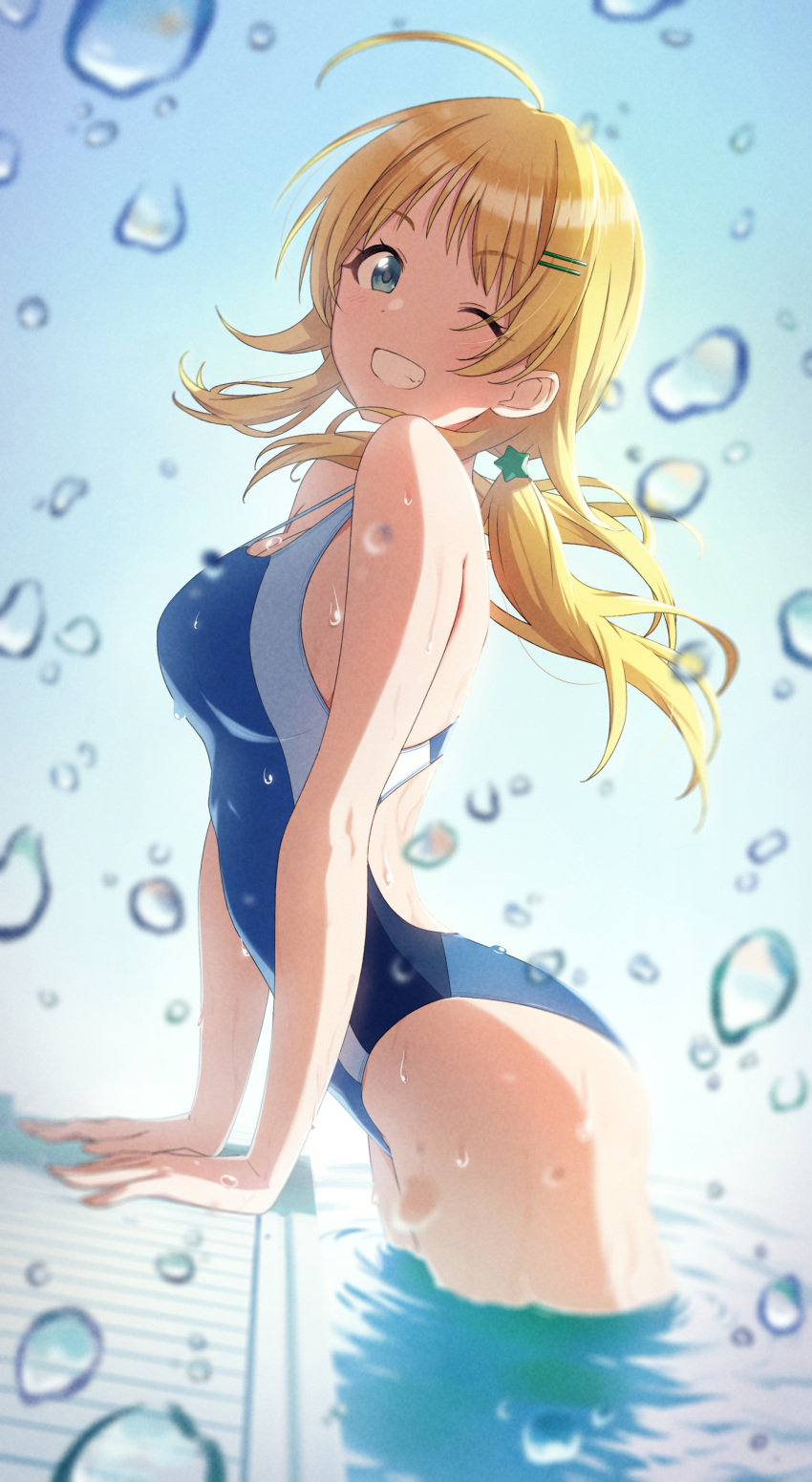 1girl absurdres ahoge amochin bangs blonde_hair blue_eyes blue_swimsuit blush breasts commentary_request competition_swimsuit eyebrows_visible_through_hair grin hachimiya_meguru hair_ornament hairclip highleg highleg_swimsuit highres idolmaster idolmaster_shiny_colors large_breasts long_hair looking_at_viewer low_twintails multicolored_clothes multicolored_swimsuit one-piece_swimsuit one_eye_closed partially_submerged pool poolside smile solo star_(symbol) star_hair_ornament swimsuit teeth twintails two-tone_swimsuit water wet wet_clothes wet_swimsuit white_swimsuit