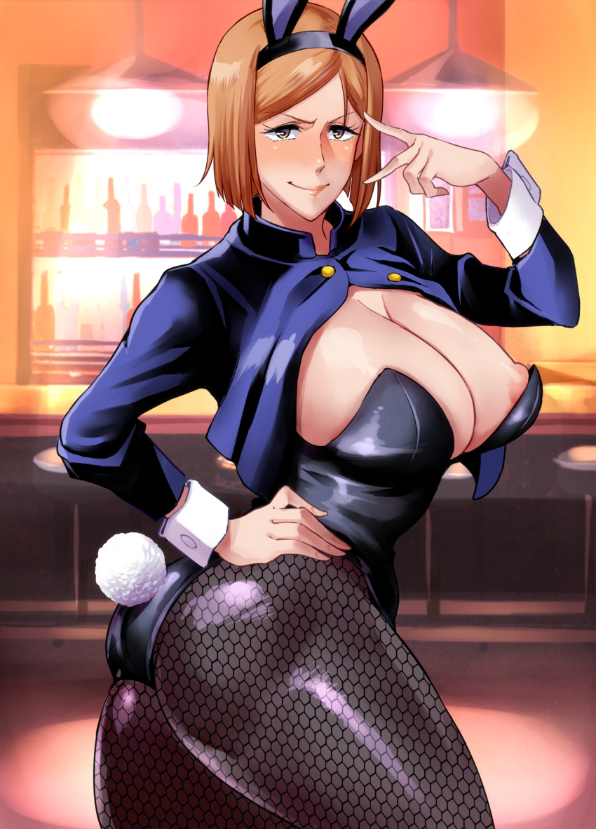 1girl animal_ears arched_back areola_slip ass bangs bar bar_stool black_leotard blurry blurry_background blush breasts brown_eyes brown_hair closed_mouth commentary_request counter cowboy_shot cropped_jacket eyebrows_visible_through_hair eyelashes fake_animal_ears fishnet_legwear fishnets from_behind haikawa_hemlen hairband hand_on_hip highres huge_breasts jujutsu_kaisen kugisaki_nobara leotard long_sleeves looking_at_viewer looking_to_the_side medium_hair pantyhose parted_bangs playboy_bunny puffy_nipples rabbit_tail shiny shiny_clothes shiny_hair shiny_skin sideboob smile solo stool tail thighs undersized_breast_cup v