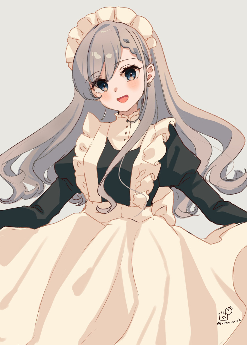 1girl :d apron back_bow bangs blue_eyes blush bow braid braided_bangs dress earrings frills grey_hair high_collar highres hisakawa_hayate hoop_earrings idolmaster idolmaster_cinderella_girls idolmaster_cinderella_girls_starlight_stage jewelry juliet_sleeves long_hair long_sleeves looking_at_viewer maid maid_headdress open_mouth puffy_sleeves rino_cnc signature sketch skirt_hold smile solo