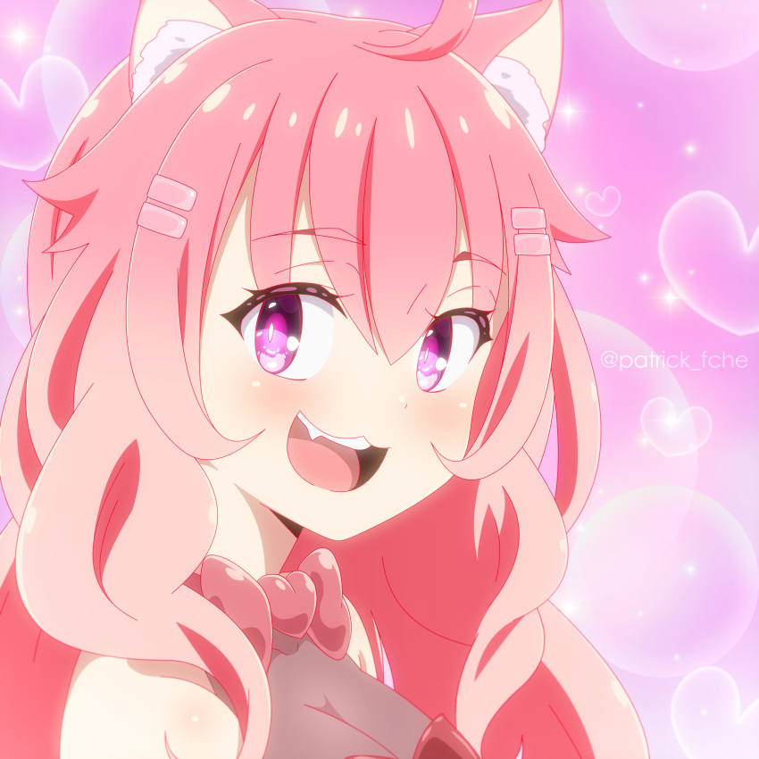 1girl :3 :d absurdres ahoge animal_ear_fluff animal_ears artist_name blush bow bowtie breasts cat_ears cleavage eyebrows_visible_through_hair fang hair_between_eyes hair_flaps hair_ornament hairclip heart highres indie_virtual_youtuber long_hair looking_at_viewer open_mouth patrick_fche pink_bow pink_eyes pink_hair pink_theme sideways_glance sideways_mouth small_breasts smile solo sparkle suwie_(vtuber) teeth twitter_username upper_teeth virtual_youtuber