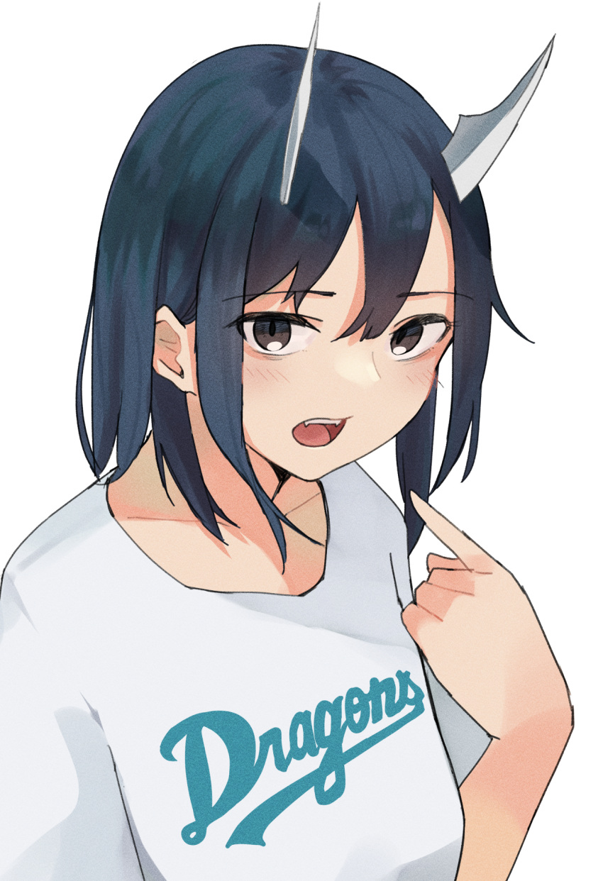 1girl aoki_ruri bangs blush brown_eyes chunichi_dragons collarbone dark_blue_hair dragon_girl dragon_horns eyebrows_visible_through_hair fangs hand_up highres horns light_blush looking_at_viewer medium_hair ninchan open_mouth parted_bangs pointing pointing_at_self ruri_dragon shirt simple_background solo swept_bangs t-shirt white_background