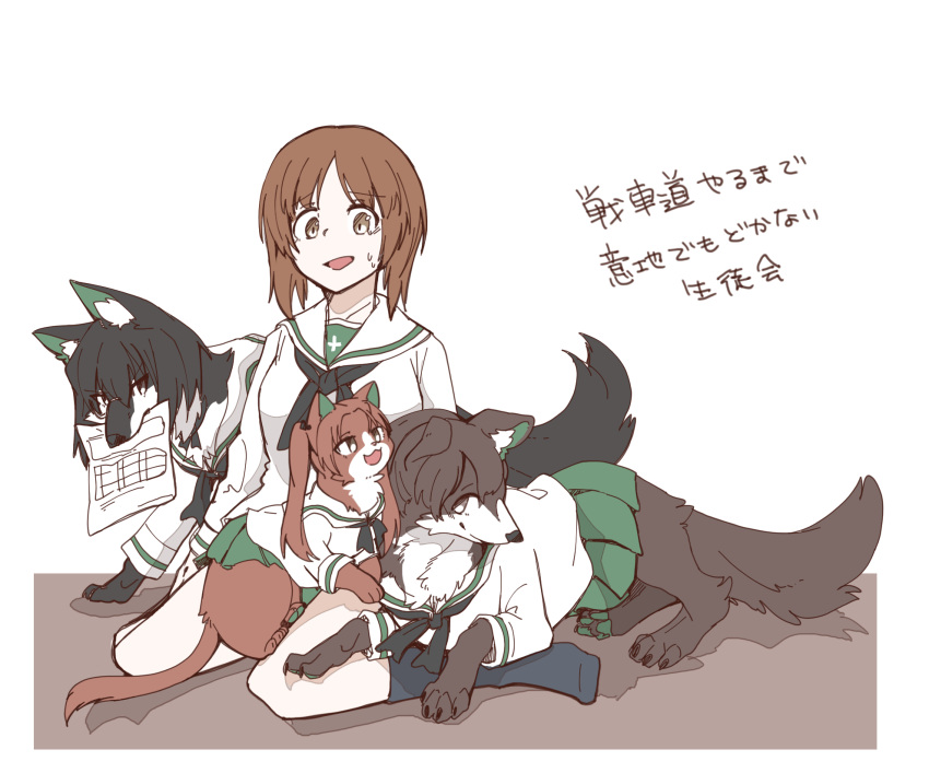 1girl animal_on_lap animalization bangs black_hair black_legwear black_neckerchief blouse brown_eyes brown_hair cat closed_mouth commentary dog girls_und_panzer green_skirt grey-framed_eyewear hasekura_(hachinochun) highres kadotani_anzu kawashima_momo koyama_yuzu long_hair long_sleeves looking_at_another miniskirt monocle mouth_hold neckerchief nishizumi_miho no_shoes on_lap ooarai_school_uniform open_mouth pleated_skirt sailor_collar school_uniform semi-rimless_eyewear serafuku shirt short_hair sitting skirt smile socks sweatdrop translated twintails under-rim_eyewear wariza white_background white_sailor_collar white_shirt