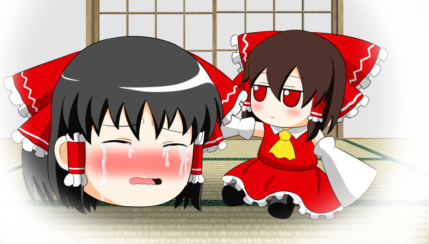 2girls absurdres bangs black_footwear black_hair bow brown_hair character_doll closed_mouth collared_shirt commentary commentary_request crying detached_sleeves dress frilled_bow frilled_skirt frills fumo_(doll) hair_bow hair_tubes hakurei_reimu highres momomomopyr multiple_girls red_bow red_eyes red_shirt ribbon shirt short_hair short_sleeves skirt skirt_set sleeveless sleeveless_shirt touhou white_sleeves wide_sleeves yukkuri_shiteitte_ne