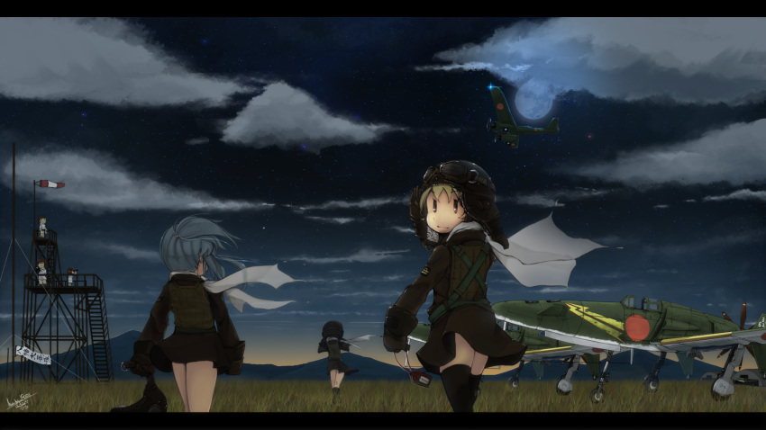 aircraft airplane blonde_hair blue_hair cloud fairy_(kancolle) full_moon harumiya_hiro highres j7w_shinden kantai_collection long_sleeves moon night night_sky outdoors pilot pilot_helmet ponytail propeller scarf sky solid_oval_eyes star_(sky) walking white_scarf