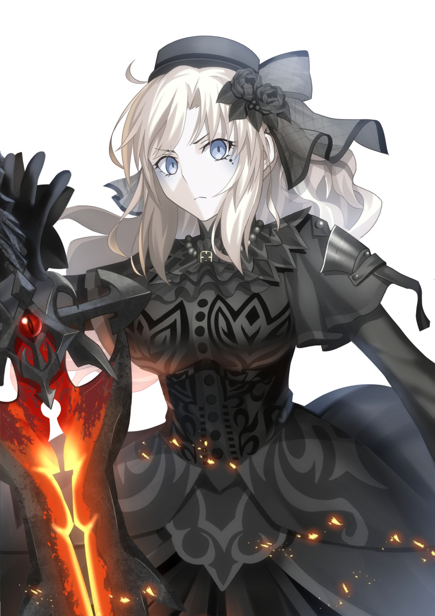 1girl balmung_(fate/apocrypha) black_dress black_flower black_gloves black_headwear black_rose blue_eyes breasts closed_mouth commentary_request dress eyebrows_visible_through_hair fate/grand_order fate_(series) flower gloves hair_flower hair_ornament hat highres holding holding_sword holding_weapon kriemhild_(fate) large_breasts long_sleeves looking_at_viewer mishiro_(ixtlolton) mole mole_under_eye pale_skin rose simple_background solo sword veil wavy_hair weapon white_background white_hair