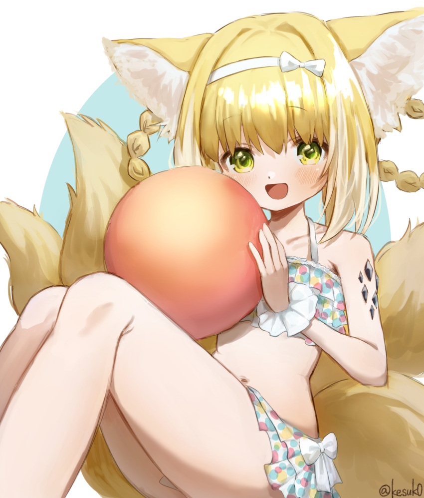 1girl animal_ear_fluff animal_ears arknights artist_name ball bangs bikini blush bow_hairband breasts collarbone commentary_request fox_ears fox_girl fox_tail green_eyes hair_rings hairband highres holding holding_ball kesuk0 kitsune looking_at_viewer multiple_tails open_mouth oripathy_lesion_(arknights) single_wrist_cuff small_breasts smile solo suzuran_(arknights) swimsuit tail wrist_cuffs
