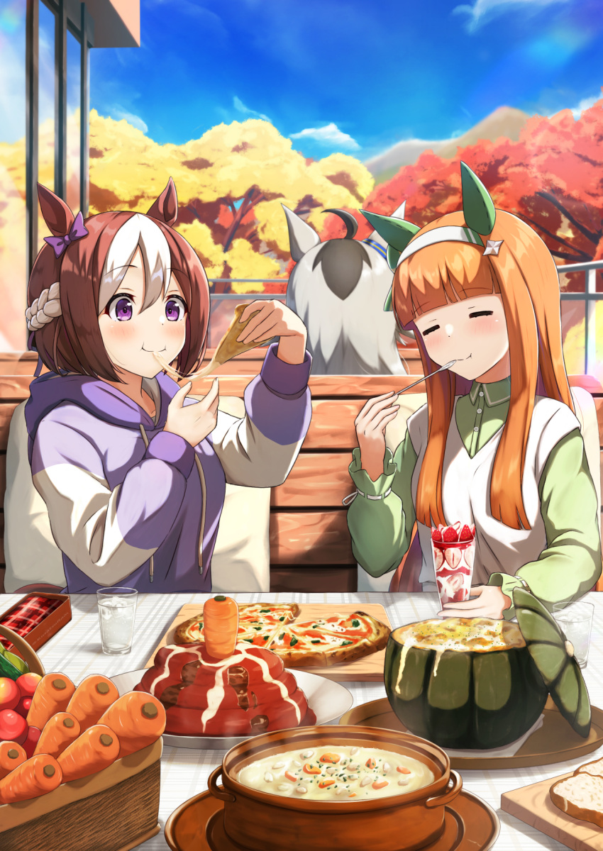 =_= amano_kusatsu animal_ears autumn brown_hair eating food highres hood hooded_jacket horse_ears horse_girl jacket layered_skirt meal oguri_cap_(umamusume) orange_hair parfait pizza pov_across_table silence_suzuka_(umamusume) skirt special_week_(umamusume) umamusume