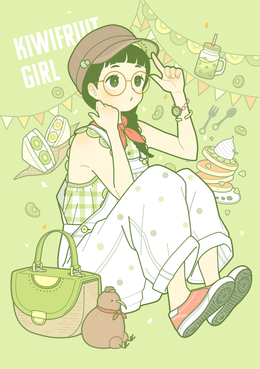 1girl absurdres bag bangs banner bird blunt_bangs bracelet braid cream drink english_text food food-themed_clothes fork fruit fruit_sandwich glasses green_eyes green_hair hand_up hat highres index_finger_raised jar jewelry kiwi_(bird) kiwi_(fruit) kiwi_print kiwi_slice knees_up long_hair looking_up nail_polish neckerchief o3o original overalls pancake pancake_stack personification plaid plaid_shirt plate puckered_lips round_eyewear shirt shoes sitting sneakers solo spoon stuffed_animal stuffed_bird stuffed_toy tank_top watch yoshimon