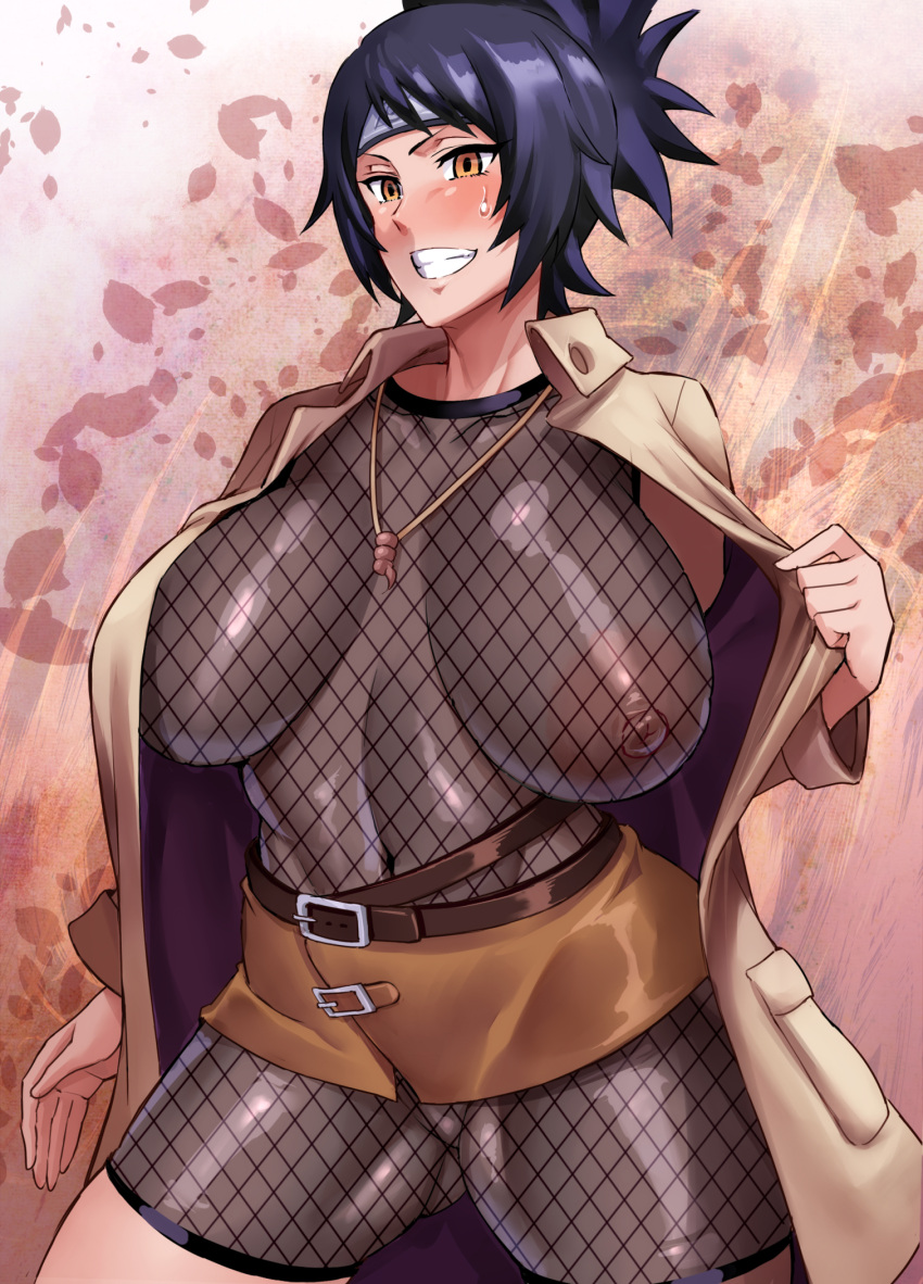 1girl bangs belt blue_hair blush bodysuit breasts brown_coat clenched_teeth coat covered_navel covered_nipples cowboy_shot fishnet_bodysuit fishnets forehead_protector haikawa_hemlen hand_up high_ponytail highres huge_breasts jewelry konohagakure_symbol large_areolae looking_at_viewer microskirt mitarashi_anko naruto naruto_(series) naughty_face necklace ninja open_clothes open_coat orange_eyes see-through shiny shiny_clothes shiny_hair skirt solo swept_bangs teeth thighs