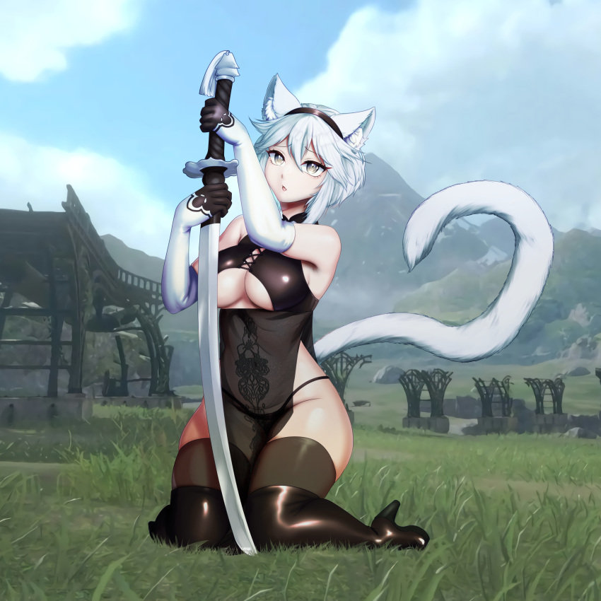 1girl absurdres animal_ears bad_source bare_shoulders black_dress breasts cat_ears cosplay dress gloves highres holding holding_weapon melkcoffee nier_(series) nier_automata self_upload short_hair solo sword tail thighhighs vei_(vtuber) virtual_youtuber vshojo weapon white_hair yorha_no._2_type_b yorha_no._2_type_b_(cosplay)