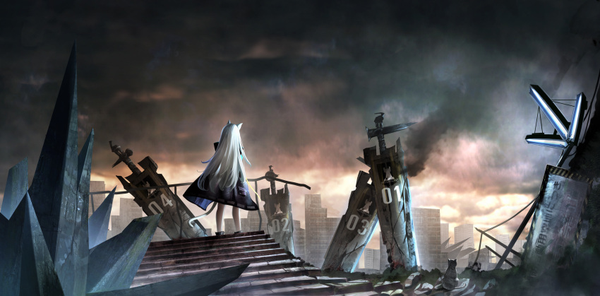 1girl animal animal_ears arknights black_jacket building cat cat_ears cat_girl cat_tail cloud cloudy_sky commentary_request facing_away from_behind grey_hair highres jacket kureneko lamp long_hair open_clothes open_jacket railing rosmontis_(arknights) ruins scenery sign sky skyscraper solo stairs standing stone_stairs tail very_long_hair