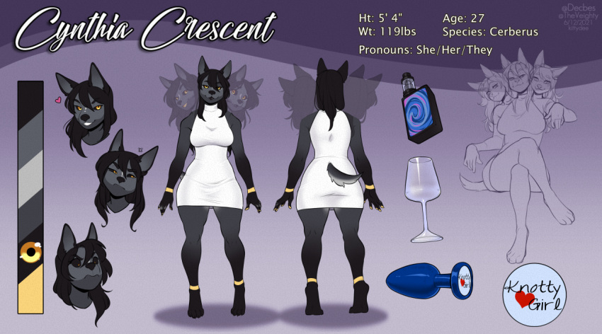 2022 4_toes 5_fingers anthro black_hair black_sclera breasts canid cerberus digital_media_(artwork) european_mythology eyebrows eyelashes feet female fingers fur greek_mythology hair kittydee mammal model_sheet multi_head mythology smile solo standing toes