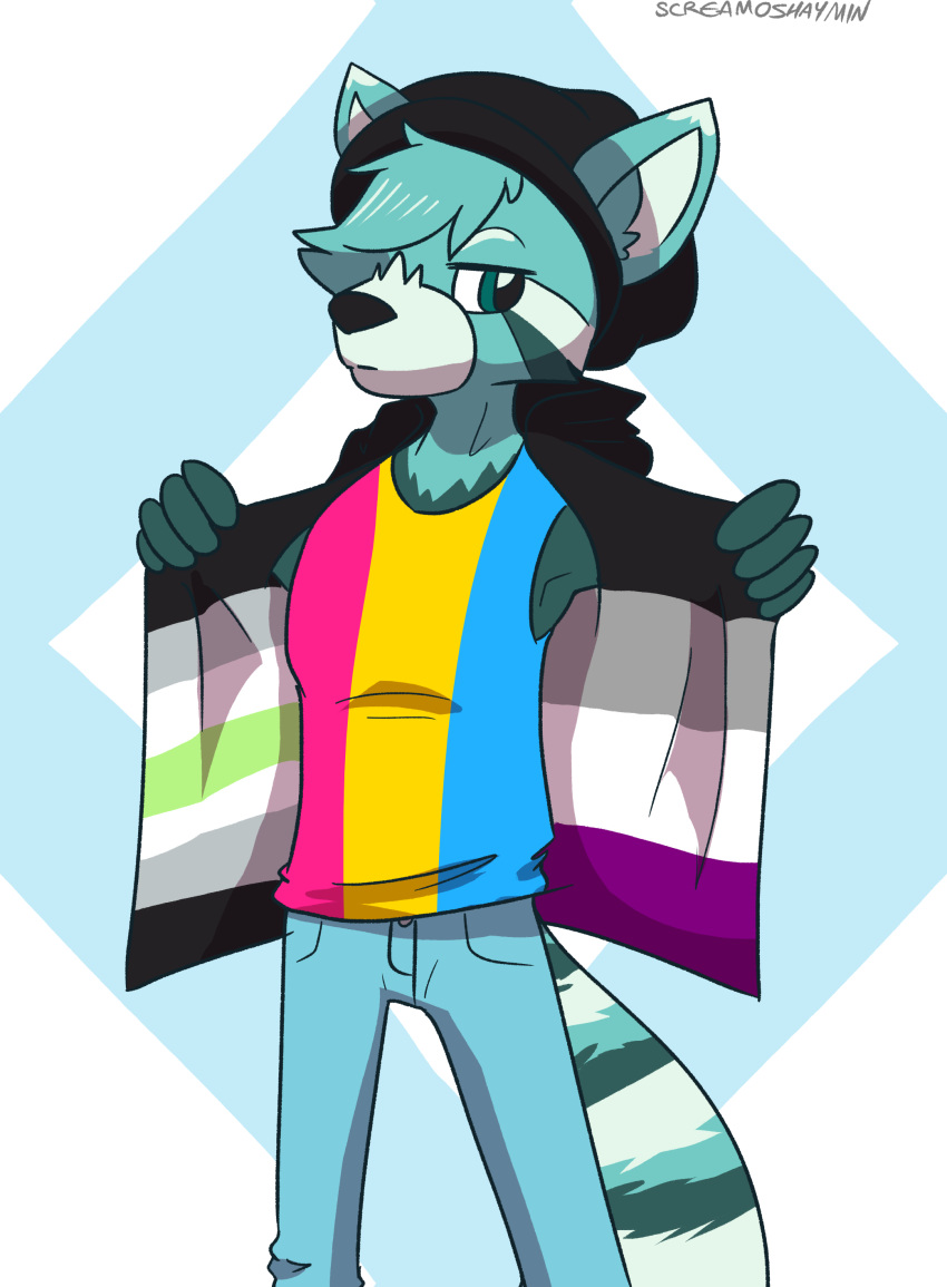 abstract_background absurd_res agender_pride_colors ailurid anthro asexual_pride_colors blue_body blue_fur clothed clothing fur green_eyes hi_res hoodie jacket knit_hat lgbt_pride mammal multicolored_clothing multicolored_hoodie multicolored_jacket multicolored_shirt multicolored_tank_top multicolored_topwear open_clothing open_jacket open_topwear pansexual_pride_colors pattern_clothing pride_color_clothing pride_color_hoodie pride_color_jacket pride_color_shirt pride_color_tank_top pride_color_topwear pride_colors red_panda screamoshaymin shirt striped_clothing stripes tank_top topwear white_body white_fur