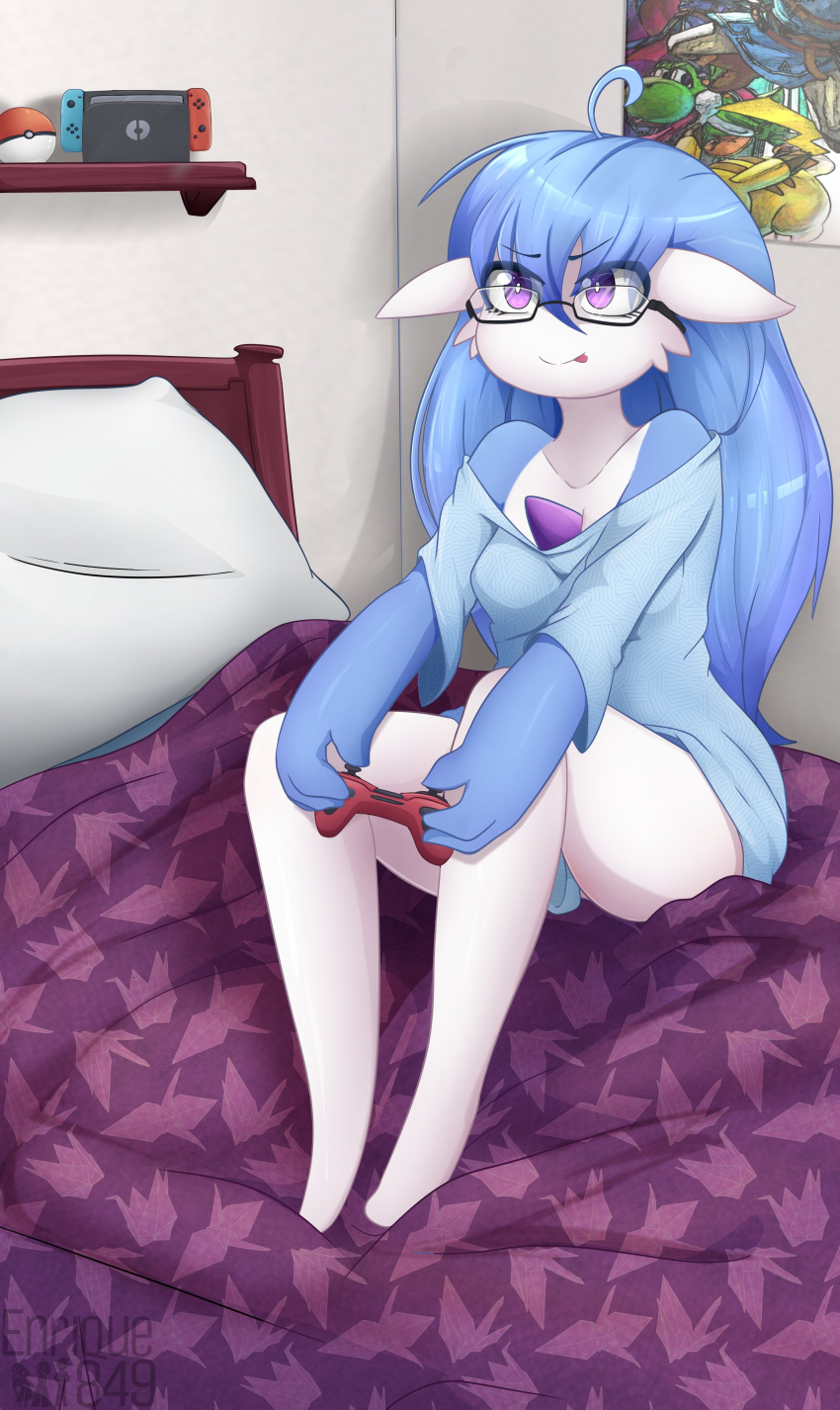 2022 3_fingers absurd_res ahoge bed bed_sheet bedding blue_hair breasts controller detailed_background enrique849 eyewear female fingers focused furniture gaming gardevoir glasses hair hi_res humanoid long_hair mario_bros medium_breasts multicolored_body nintendo nintendo_switch not_furry on_bed pikachu pillow pok&eacute;ball pok&eacute;mon pok&eacute;mon_(species) poster purple_eyes signature sitting sitting_on_bed sleepwear solo super_smash_bros. tongue tongue_out two_tone_body video_games yoshi