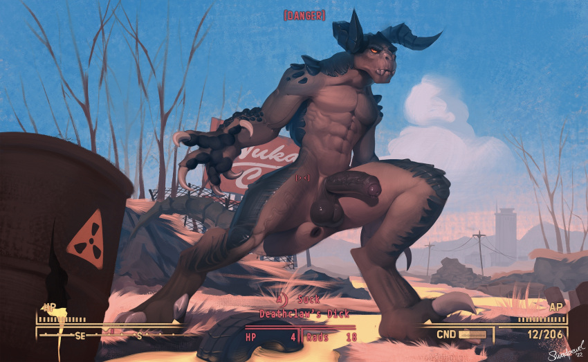 2022 5_fingers abs anthro anus balls bethesda_softworks black_penis button_prompt claws deathclaw digital_media_(artwork) erection fallout fingers foreskin genitals glans hi_res hud humanoid_genitalia humanoid_penis looking_at_viewer male muscular muscular_male outside pecs penis plant radiation_symbol radioactive scalie signature solo standing swadpewel symbol teeth tire tree vein veiny_penis video_games