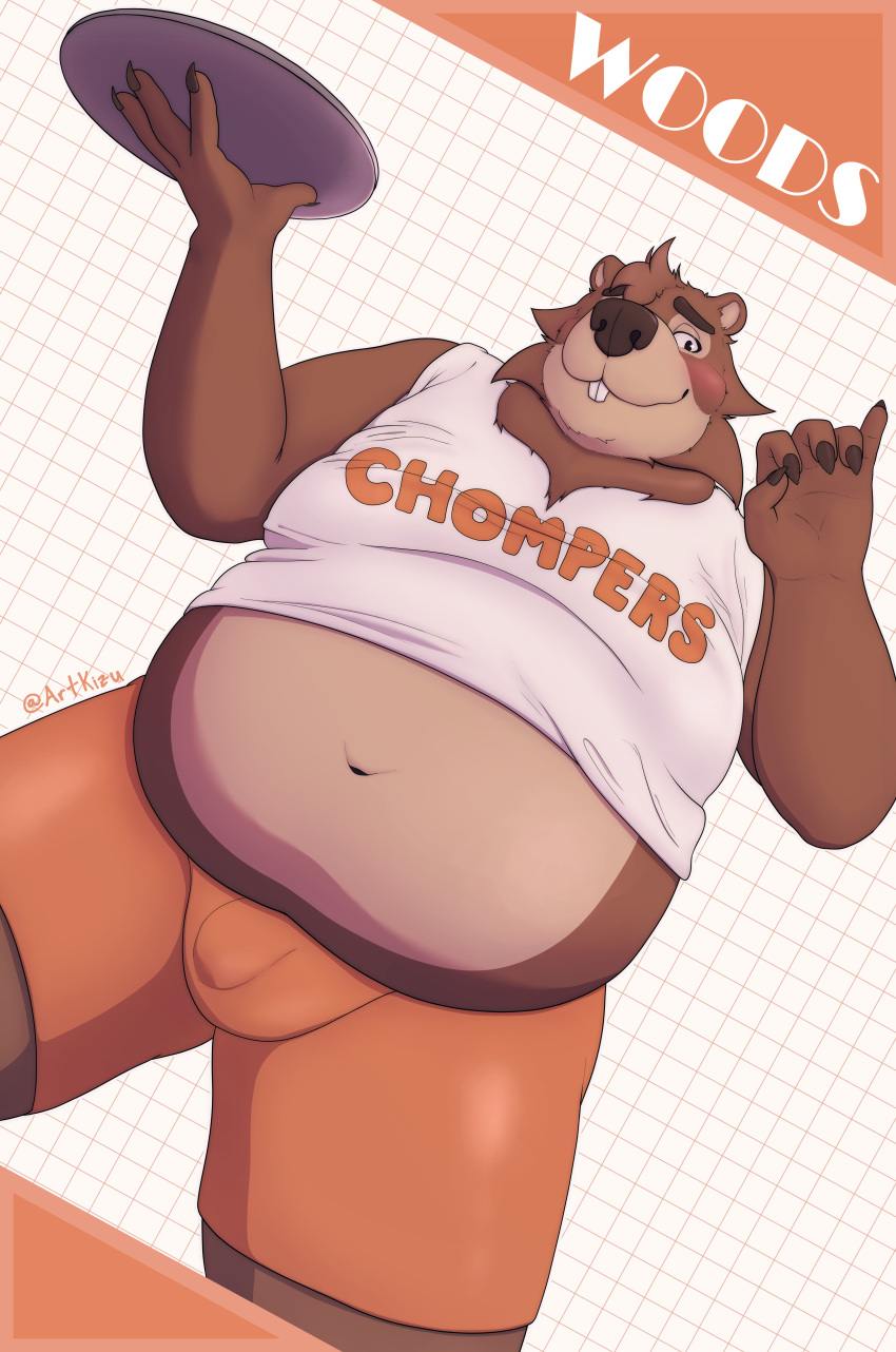 absurd_res anthro artkizu beaver belly big_belly blush bulge chomper's clothing crop_top hi_res himbo_hooters hooters hooters_uniform humanoid_hands male mammal moobs neck_tuft overweight overweight_anthro overweight_male rodent shirt smile solo thick_thighs topwear tuft wide_hips woods_(chomper's)