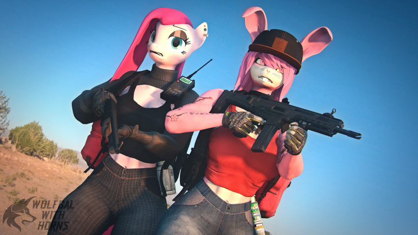 16:9 3d_(artwork) 4k absurd_res anthro assault_rifle athletic backpack bag bottomwear clothing denim denim_clothing desert desert_background digital_media_(artwork) duo equid equine female female/female friendship_is_magic fur gloves gun hair handwear hasbro hat headgear headwear hi_res horse humanoid jeans lagomorph leporid long_ears ludexus mammal medkit muscular muscular_anthro muscular_female my_little_pony pants pink_body pink_fur pink_hair pinkamena_(mlp) pinkamena_diane_pie pinkie_pie_(mlp) pony rabbit radio ranged_weapon rifle shirt shotgun source_filmmaker tank_top tattoo topwear weapon widescreen zafy_takada_(ludexus)