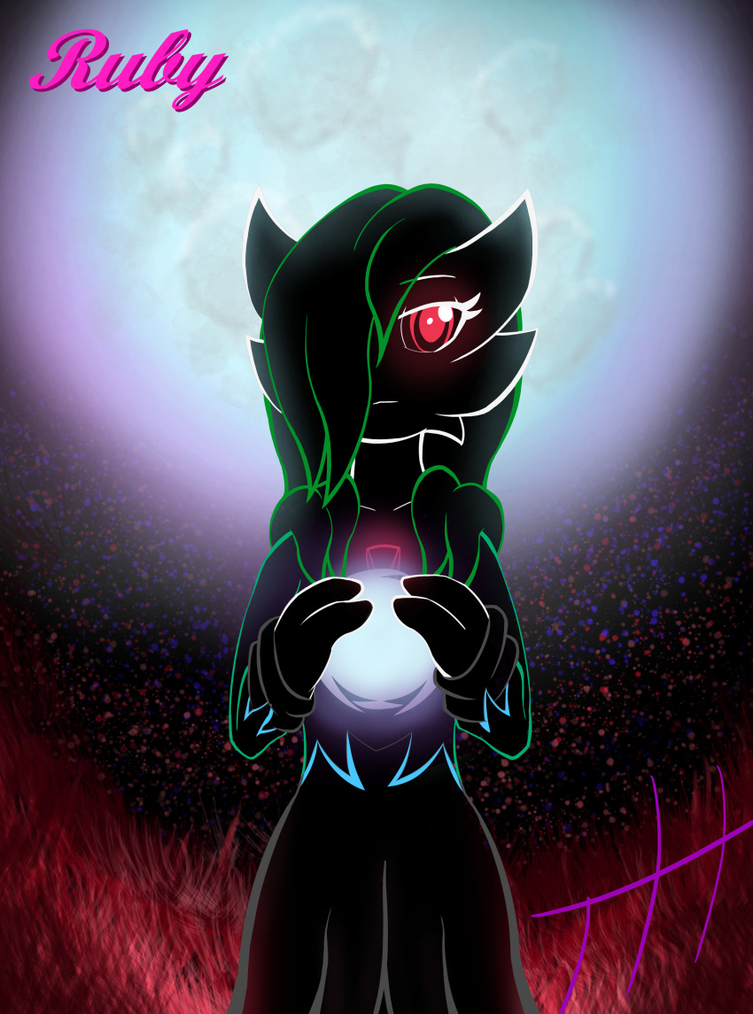 2022 3_fingers absurd_res ball english_text female fingers gardevoir ghostth39 hair hair_over_eye hi_res holding_ball holding_object humanoid moon_ball nintendo one_eye_obstructed pok&eacute;ball pok&eacute;mon pok&eacute;mon_(species) psychic_powers red_eyes ruby_(ghostth39) shadow_ball signature silhouette simple_background solo text video_games