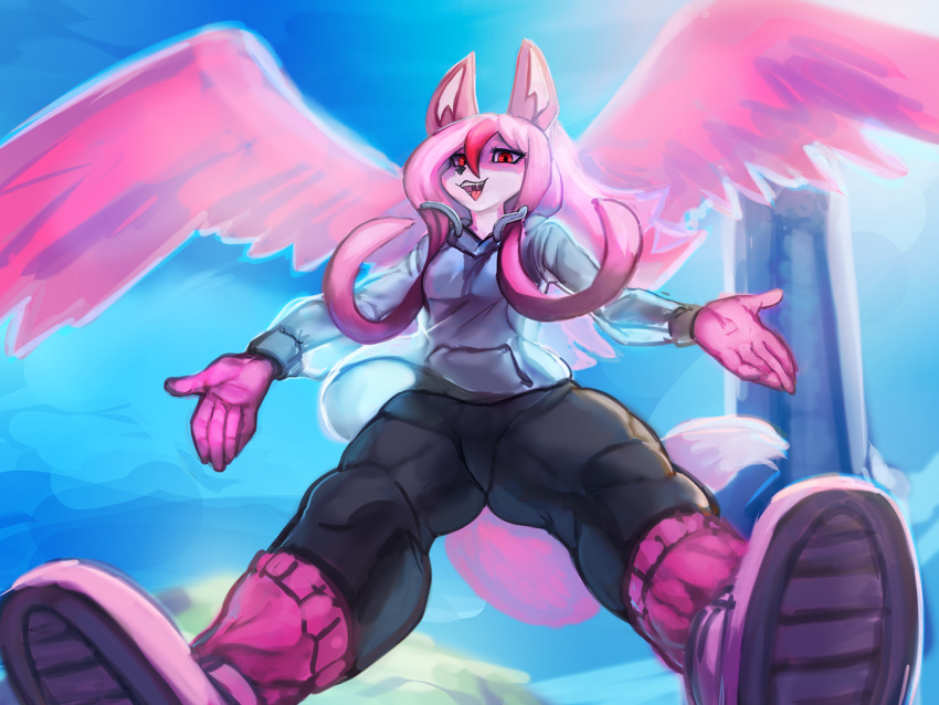 4:3 anthro bottomwear brand_new_animal canid clothing day digital_media_(artwork) feathered_wings feathers female footwear general-irrelevant hoodie mammal nazuna_hiwatashi open_mouth outside pants pink_body pink_eyes shoes smile solo spread_wings studio_trigger topwear wings