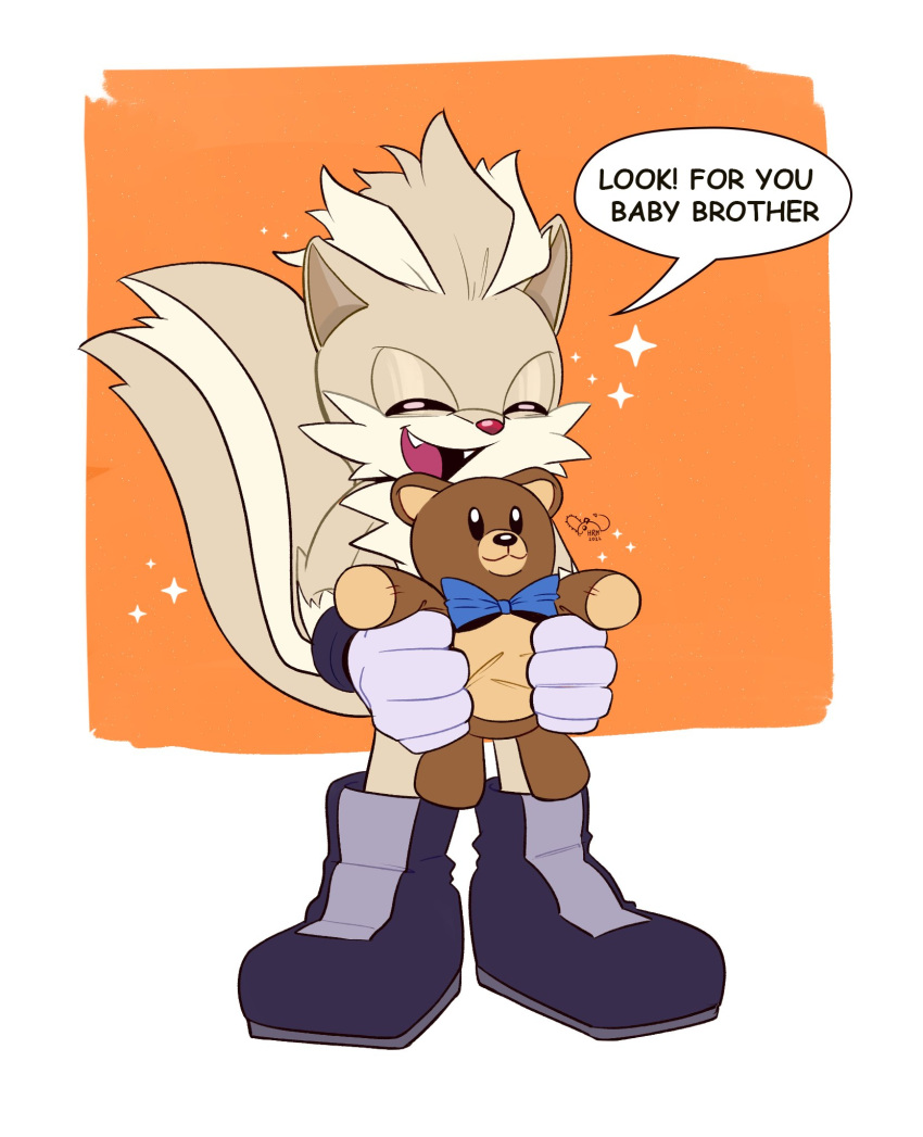 2022 anthro boots clothing dialogue eyes_closed fangs fluffy fluffy_tail footwear fur head_tuft hi_res hrm_ly07 idw_publishing male mammal mephitid orange_background plushie red_nose sega simple_background skunk smile solo sonic_the_hedgehog_(comics) sonic_the_hedgehog_(idw) sonic_the_hedgehog_(series) tan_body tan_fur teddy_bear text tuft tumble_the_skunk white_background young