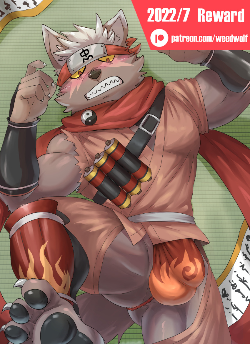 accessory anus asian_clothing blus bulge butt canid canine canis chaps clothing domestic_dog east_asian_clothing fundoshi headband hi_res japanese_clothing lifewonders lying male mammal red_eyes solo tadatomo tokyo_afterschool_summoners torn_clothing underwear video_games weedwolf yellow_sclera