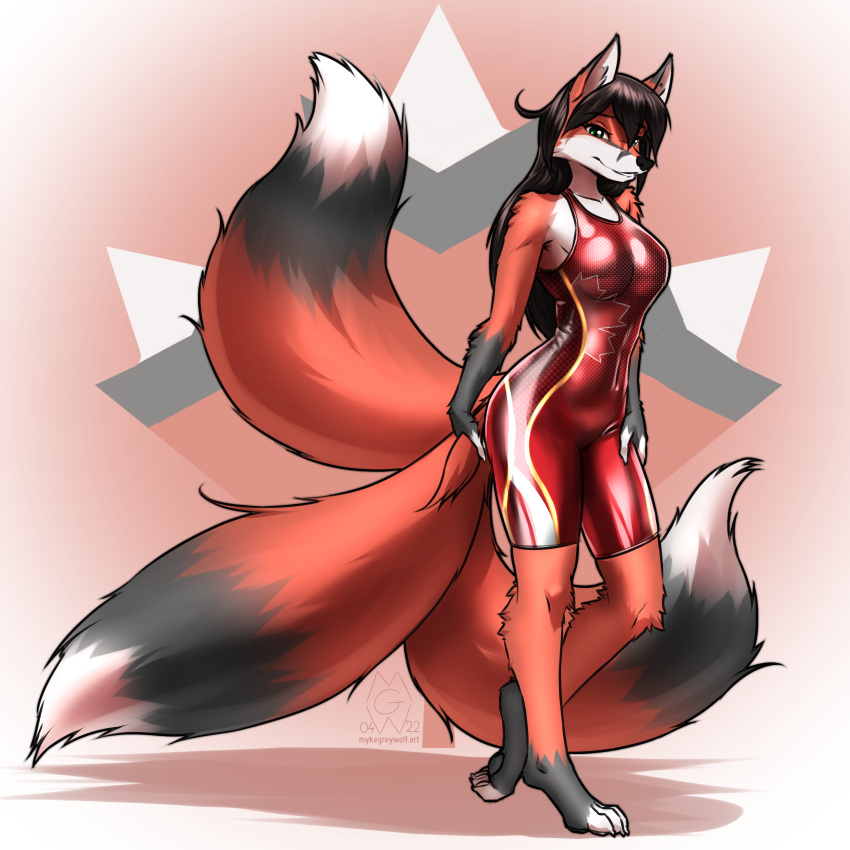 1:1 2022 absurd_res anthro canid canine clothing digital_media_(artwork) digitigrade female fox fur gradient_background hi_res mammal multi_tail multicolored_body multicolored_fur mykegreywolf one-piece_swimsuit red_clothing red_topwear simple_background solo swimwear topwear watermark