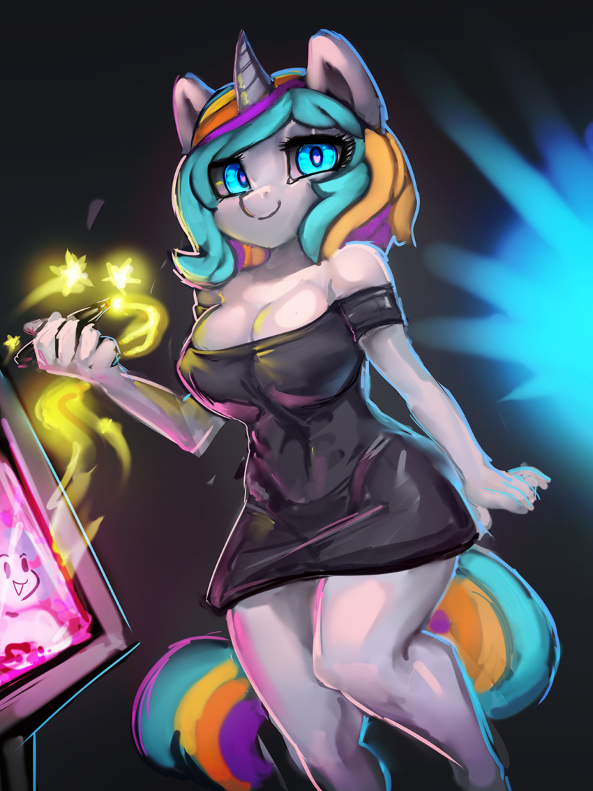 3:4 anthro big_breasts black_background black_clothing blue_eyes breasts clothing digital_media_(artwork) equid equine female general-irrelevant hair hi_res holding_tablet_pen horn looking_at_viewer mammal multicolored_hair simple_background smile solo tablet_pen unicorn